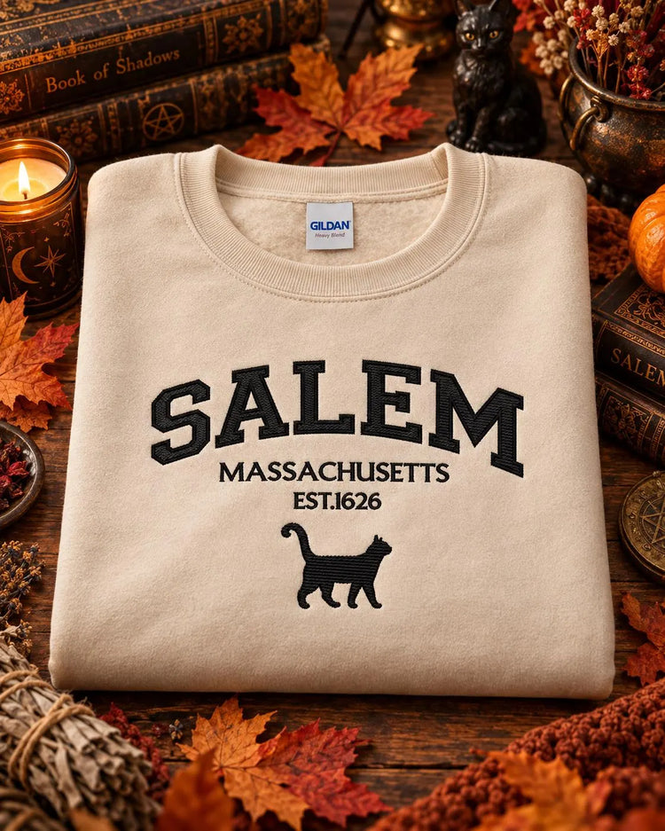 Salem Massachusetts Sweatshirt Embroidered Black Cat Crewneck Witchy New England Fall Pullover