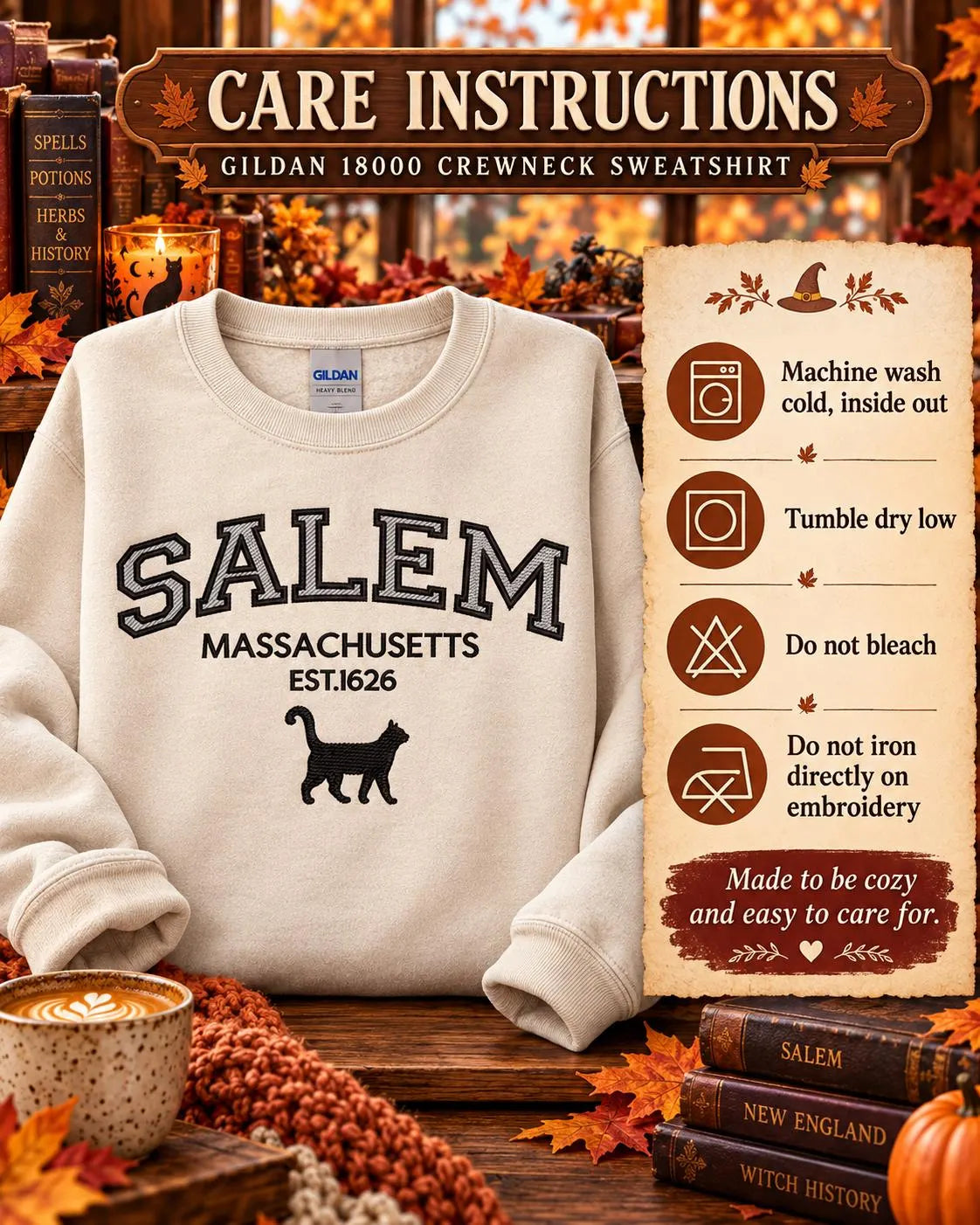Salem Massachusetts Sweatshirt Embroidered Black Cat Crewneck Witchy New England Fall Pullover
