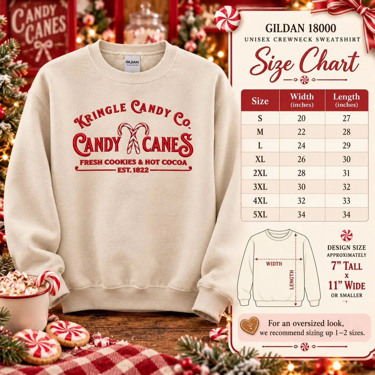 Candy Cane Christmas Sweatshirt Embroidered Holiday Crewneck Kringle Candy Shop Pullover