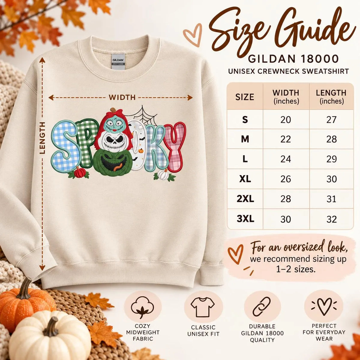 Nightmare Before Christmas inspired Halloween Appliqué Sweatshirt Spooky Embroidered Crewneck Gingham Patchwork Fall