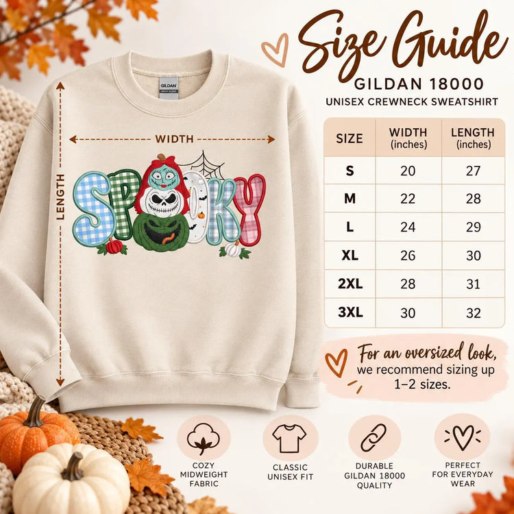 Nightmare Before Christmas inspired Halloween Appliqué Sweatshirt Spooky Embroidered Crewneck Gingham Patchwork Fall