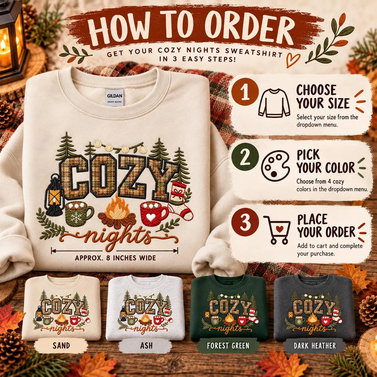 Cozy Nights Sweatshirt Embroidered Applique Campfire Crewneck Cabin Winter Pullover
