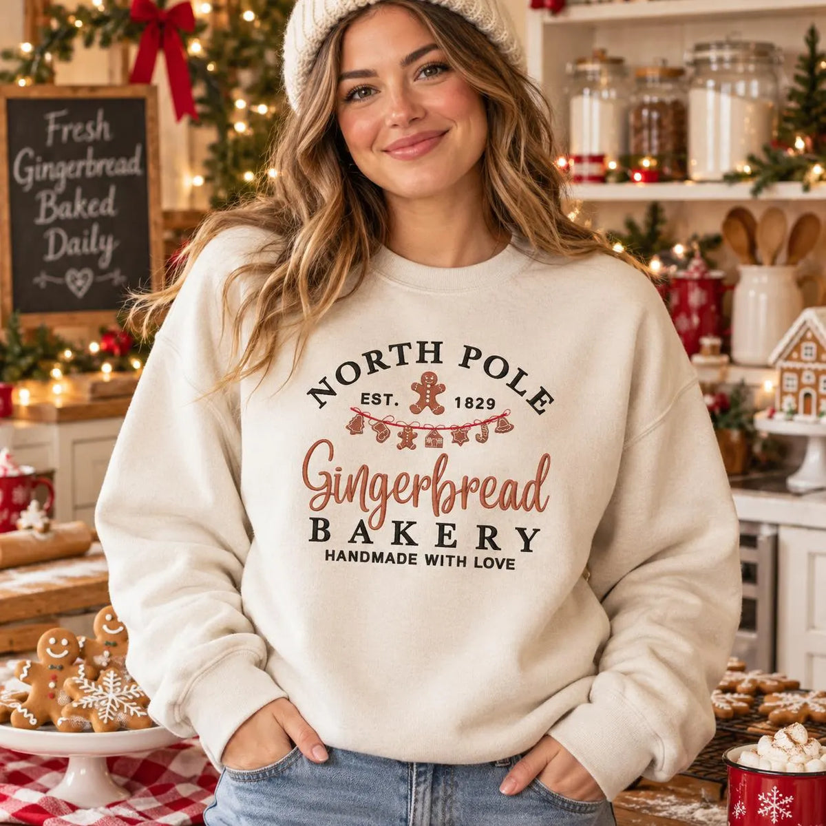 Gingerbread Christmas Sweatshirt North Pole Bakery Crewneck Embroidered Holiday Pullover