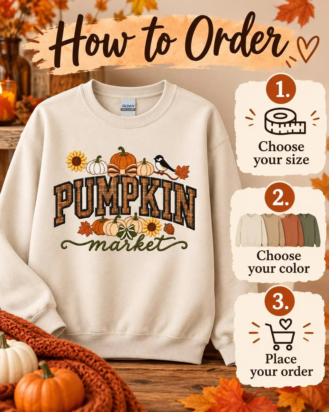 Pumpkin Market Sweatshirt Appliqué Fall Crewneck Cozy Autumn Pullover