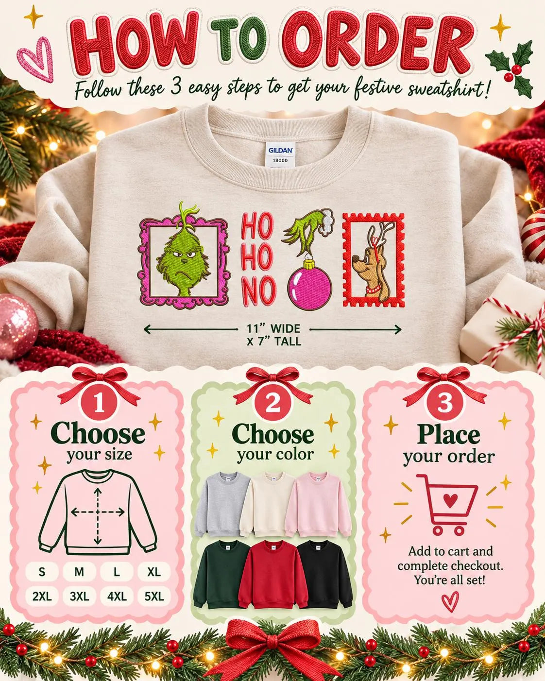 Grinch Christmas Sweatshirt Embroidered Ho Ho No Crewneck Funny Holiday Pullover