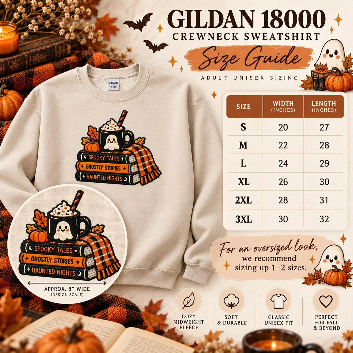 Spooky Bookish Sweatshirt Embroidered Halloween Crewneck Ghost Reading Pullover Cozy Fall Book Lover Gift