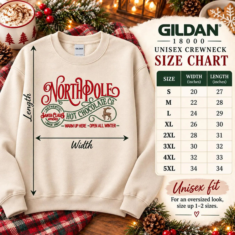 Christmas Hot Chocolate Sweatshirt Embroidered North Pole Crewneck Cozy Holiday Pullover