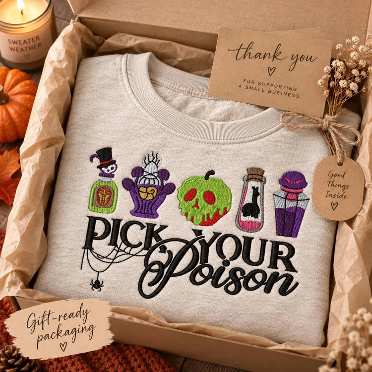 Pick Your Poison Embroidered Sweatshirt Spooky Halloween Crewneck Witchy Potion Villain Gift