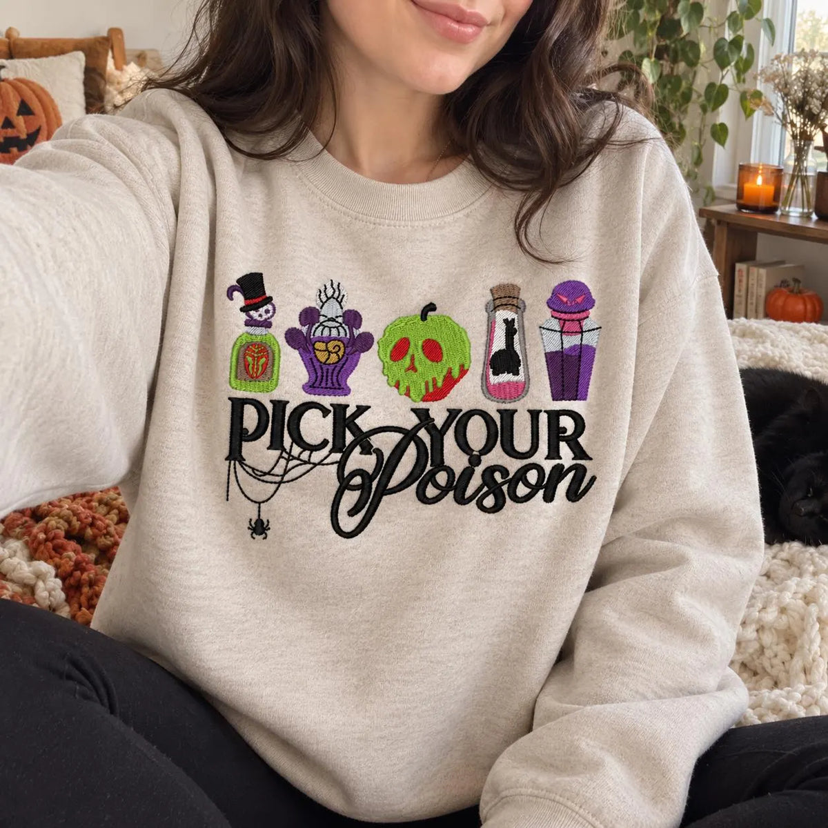 Pick Your Poison Embroidered Sweatshirt Spooky Halloween Crewneck Witchy Potion Villain Gift