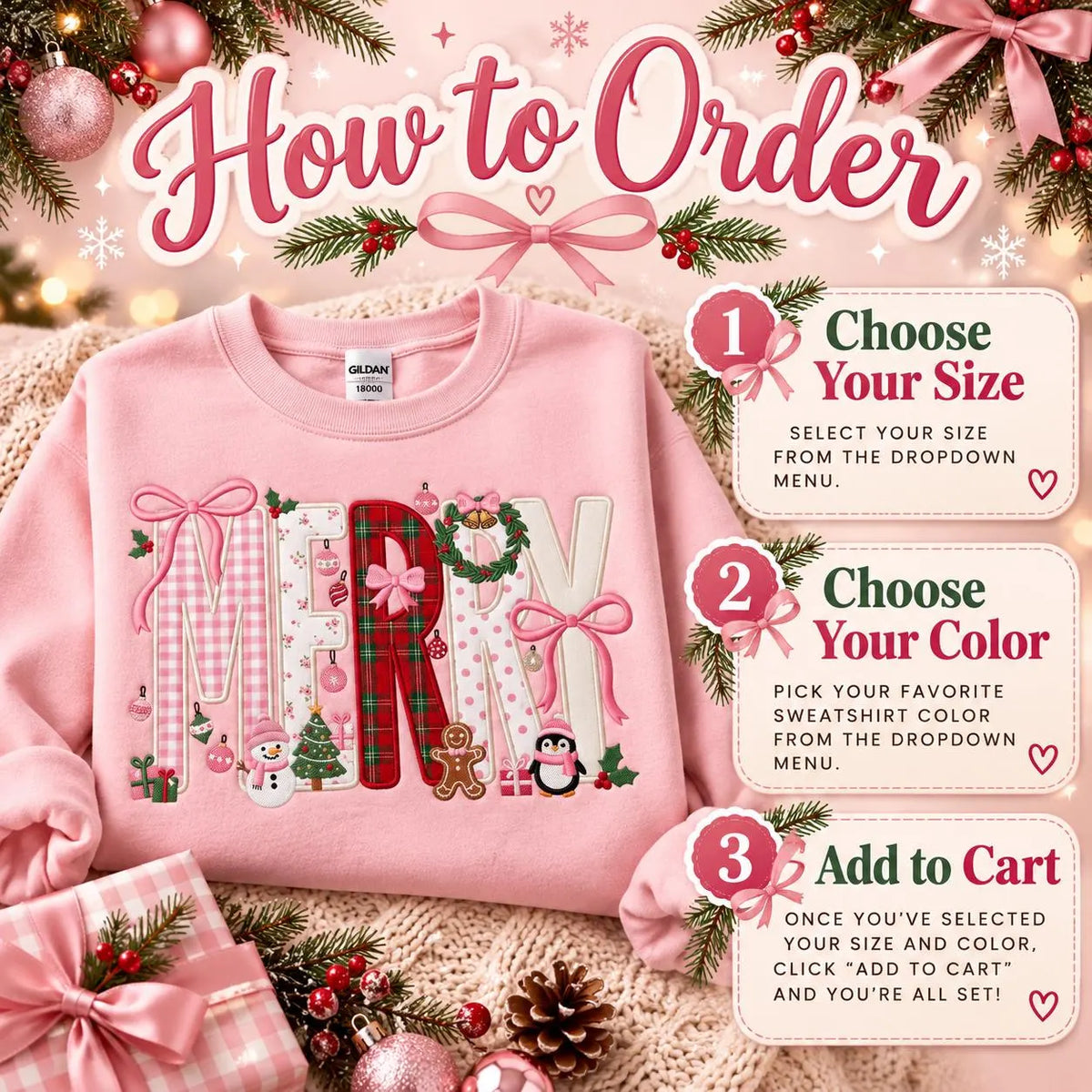 Personalized Pink Christmas Sweatshirt Merry Applique Embroidered Crewneck Girly Coquette
