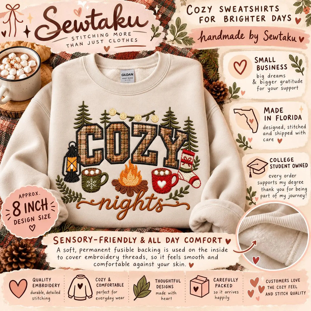Cozy Nights Sweatshirt Embroidered Applique Campfire Crewneck Cabin Winter Pullover