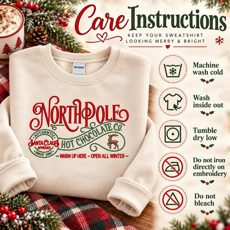 Christmas Hot Chocolate Sweatshirt Embroidered North Pole Crewneck Cozy Holiday Pullover