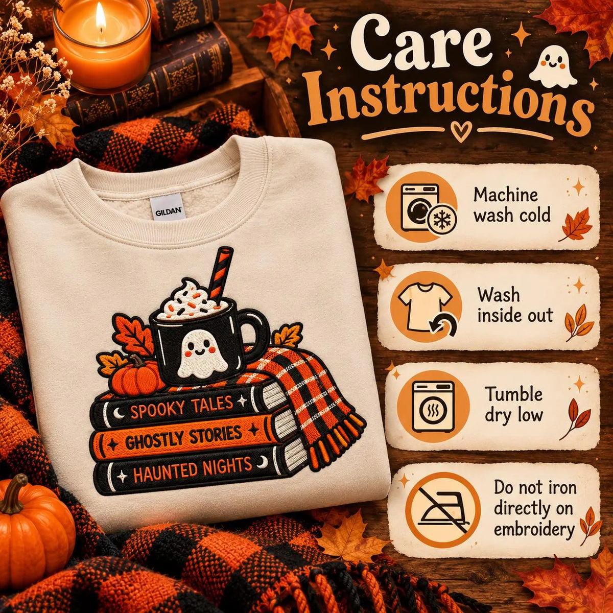 Spooky Bookish Sweatshirt Embroidered Halloween Crewneck Ghost Reading Pullover Cozy Fall Book Lover Gift