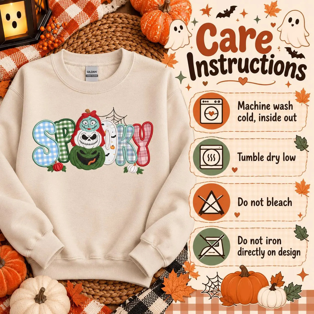 Nightmare Before Christmas inspired Halloween Appliqué Sweatshirt Spooky Embroidered Crewneck Gingham Patchwork Fall