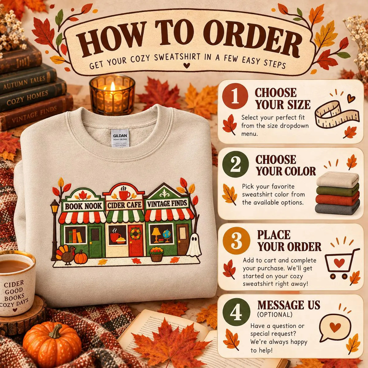 Bookish Fall Sweatshirt Embroidered Autumn Bookstore Crewneck Cozy Reader Gift