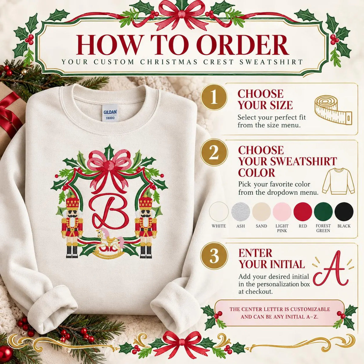 Personalized Christmas Sweatshirt Custom Initial Nutcracker Crest Monogram Holiday Crewneck