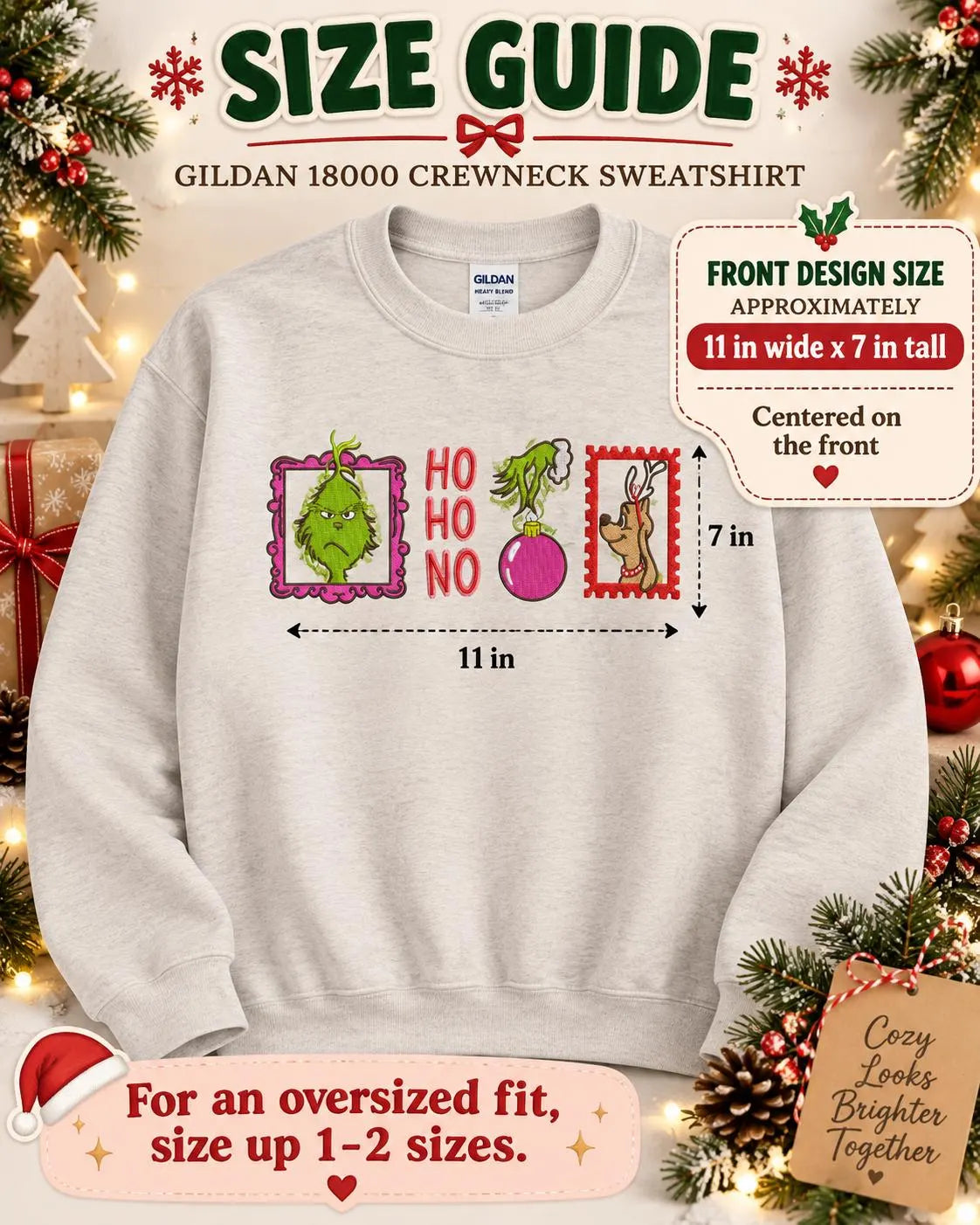 Grinch Christmas Sweatshirt Embroidered Ho Ho No Crewneck Funny Holiday Pullover