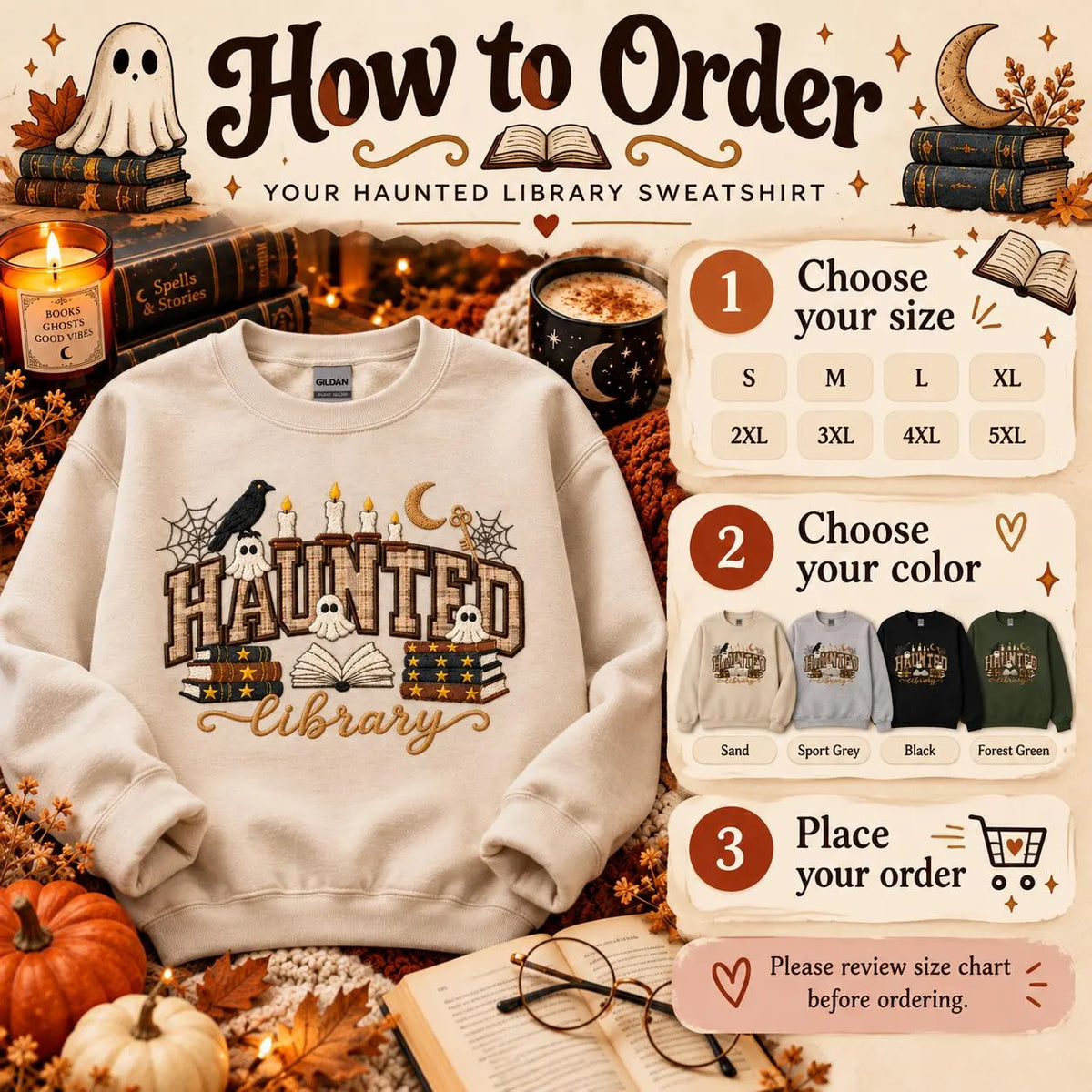 Haunted Library Sweatshirt Appliqué Bookish Halloween Crewneck Spooky Reader Gift