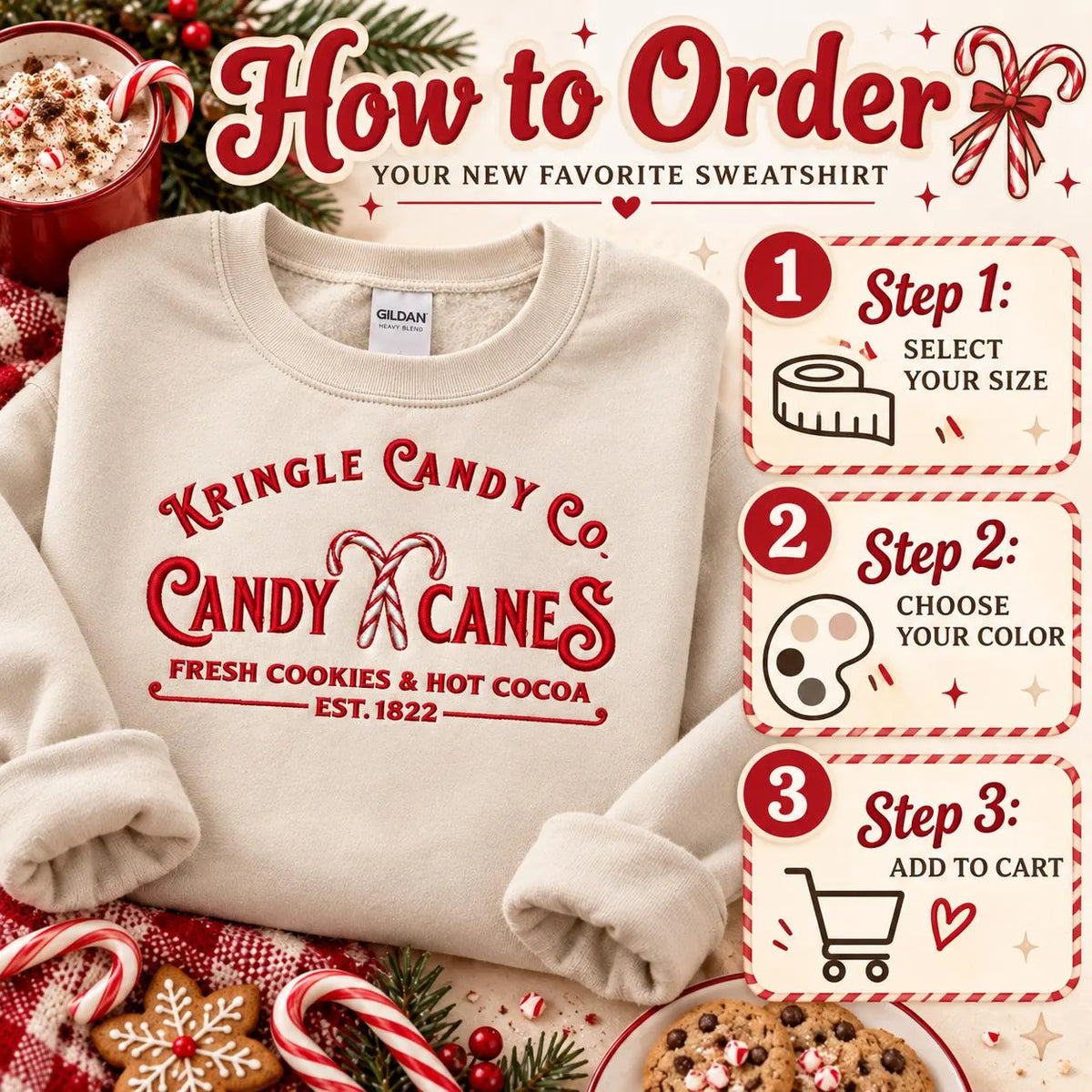 Candy Cane Christmas Sweatshirt Embroidered Holiday Crewneck Kringle Candy Shop Pullover