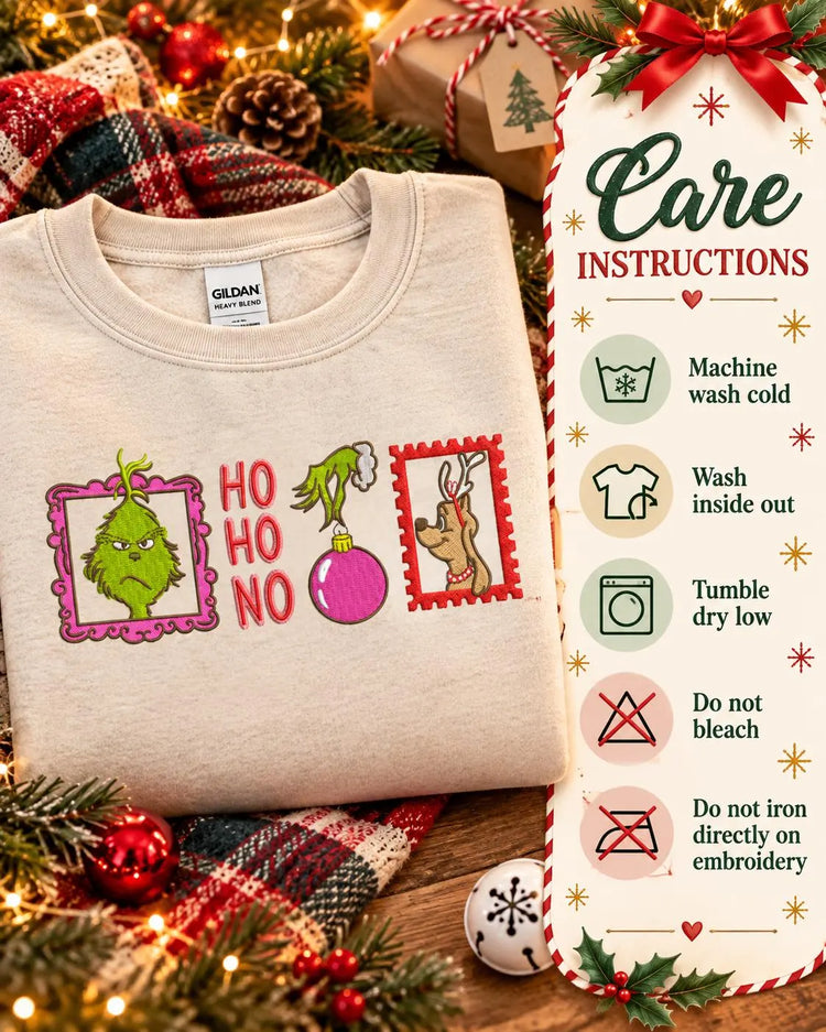 Grinch Christmas Sweatshirt Embroidered Ho Ho No Crewneck Funny Holiday Pullover
