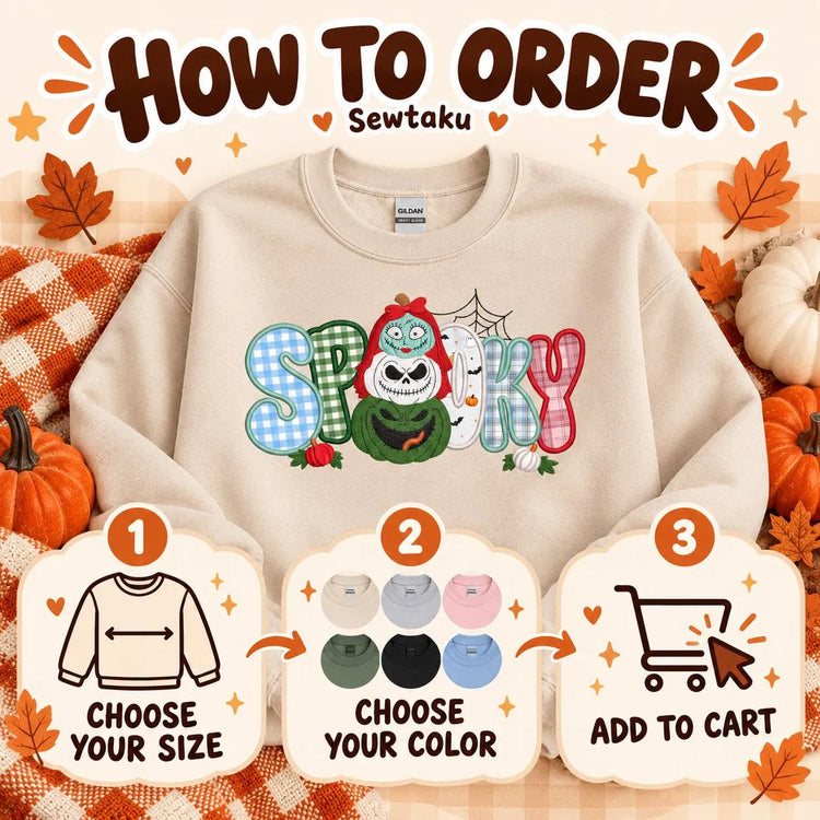 Nightmare Before Christmas inspired Halloween Appliqué Sweatshirt Spooky Embroidered Crewneck Gingham Patchwork Fall