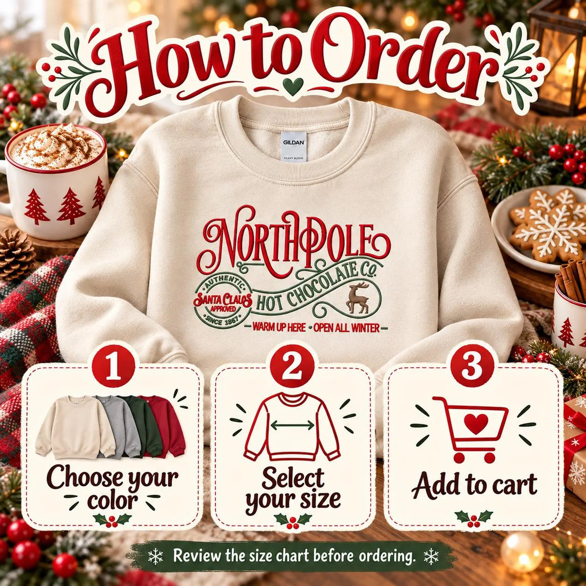 Christmas Hot Chocolate Sweatshirt Embroidered North Pole Crewneck Cozy Holiday Pullover