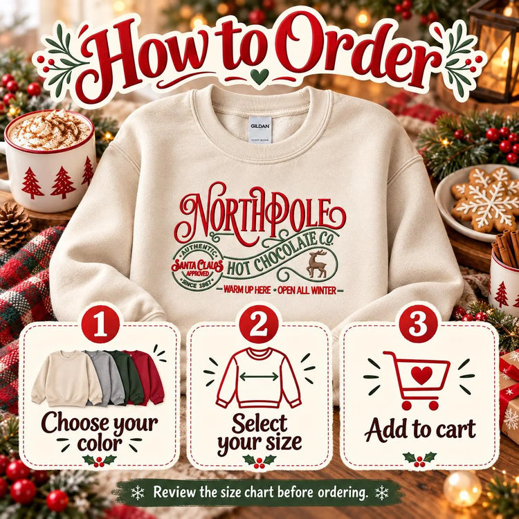 Christmas Hot Chocolate Sweatshirt Embroidered North Pole Crewneck Cozy Holiday Pullover