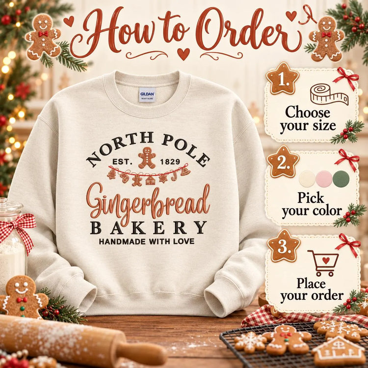 Gingerbread Christmas Sweatshirt North Pole Bakery Crewneck Embroidered Holiday Pullover
