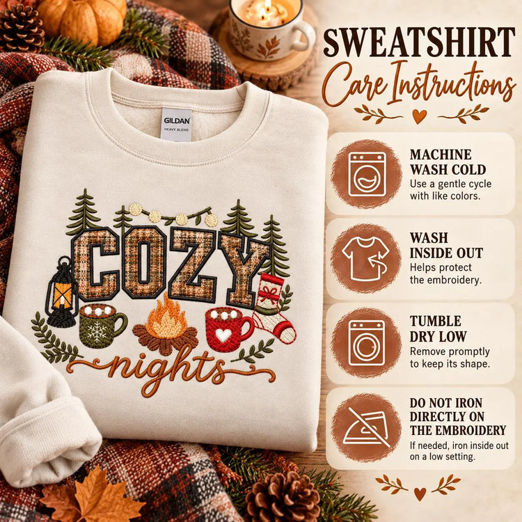 Cozy Nights Sweatshirt Embroidered Applique Campfire Crewneck Cabin Winter Pullover