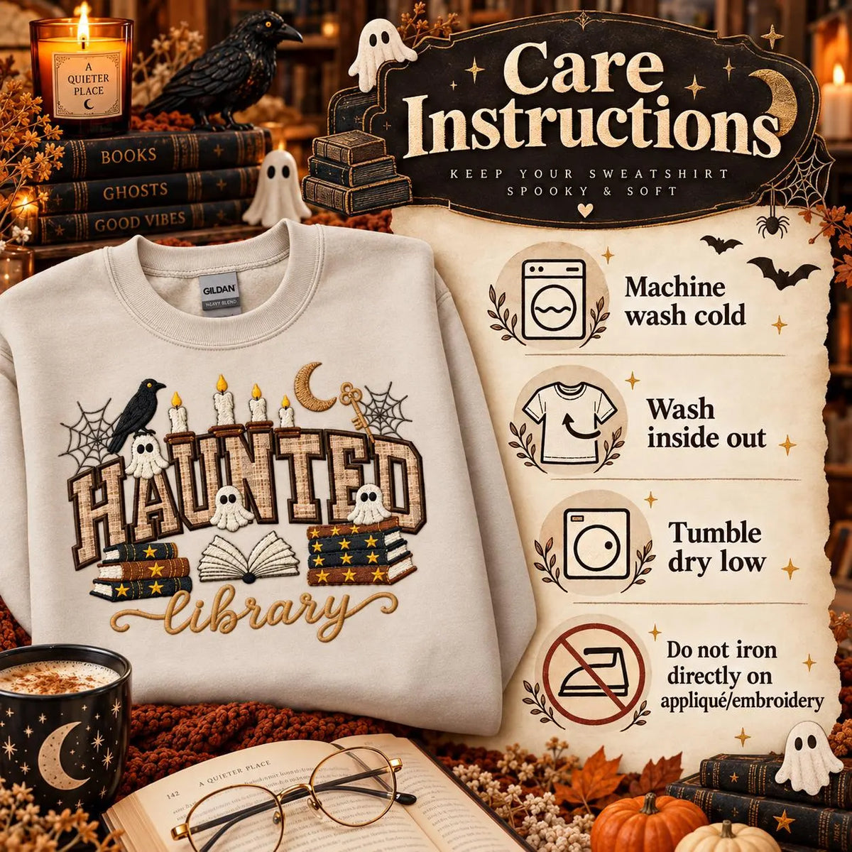 Haunted Library Sweatshirt Appliqué Bookish Halloween Crewneck Spooky Reader Gift
