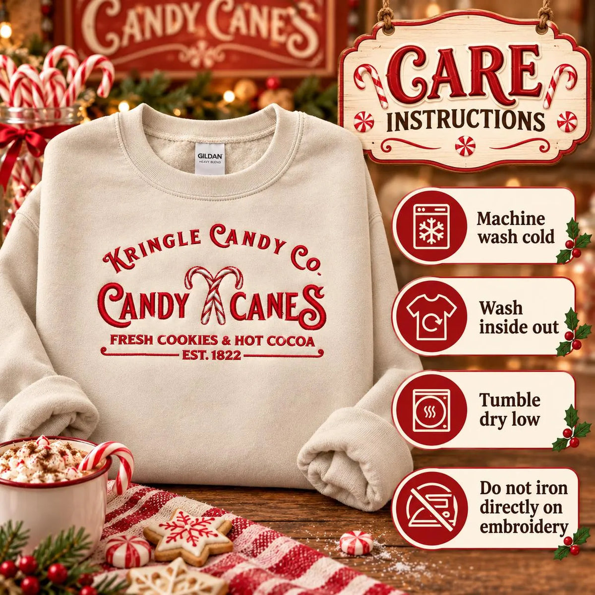 Candy Cane Christmas Sweatshirt Embroidered Holiday Crewneck Kringle Candy Shop Pullover