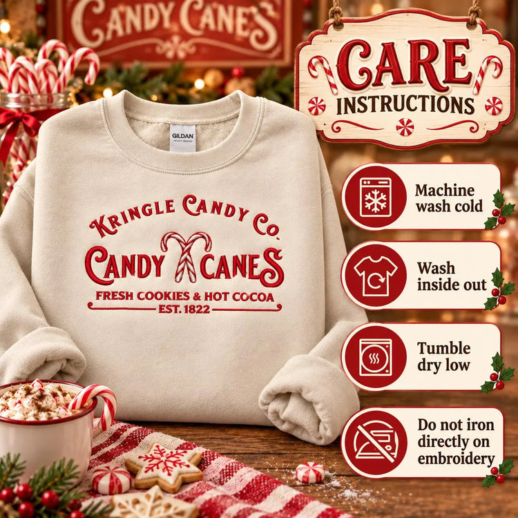Candy Cane Christmas Sweatshirt Embroidered Holiday Crewneck Kringle Candy Shop Pullover