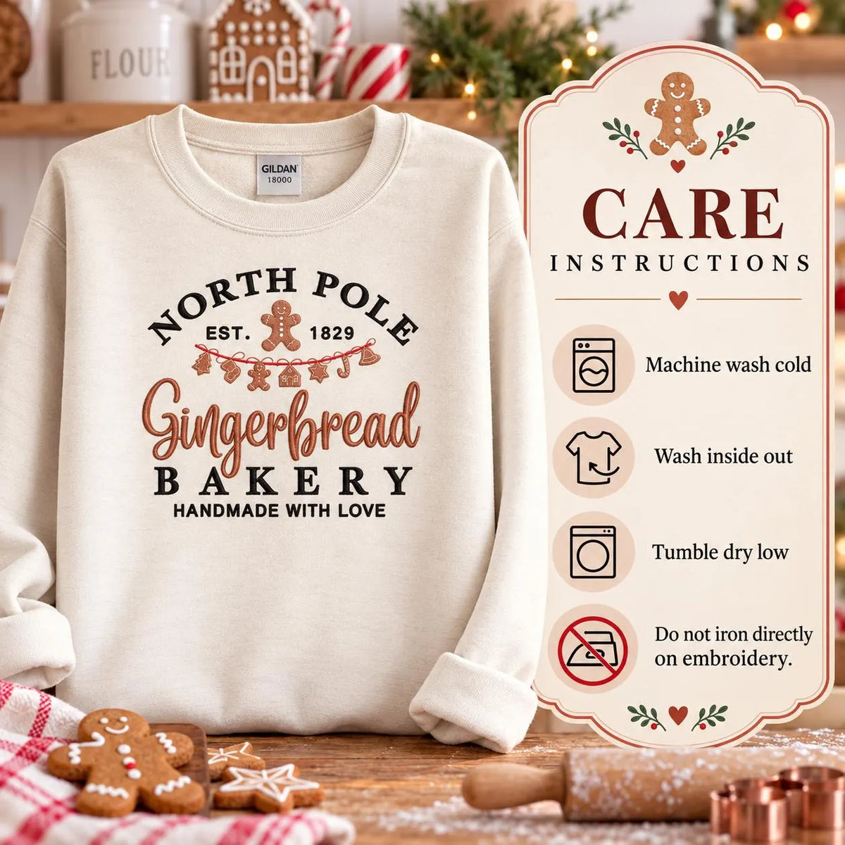 Gingerbread Christmas Sweatshirt North Pole Bakery Crewneck Embroidered Holiday Pullover