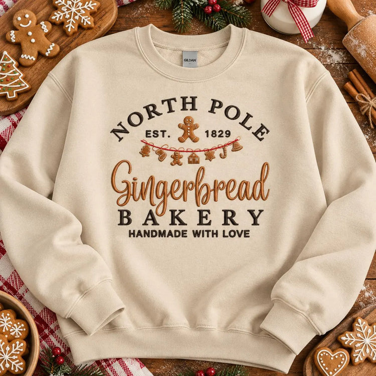 Gingerbread Christmas Sweatshirt North Pole Bakery Crewneck Embroidered Holiday Pullover