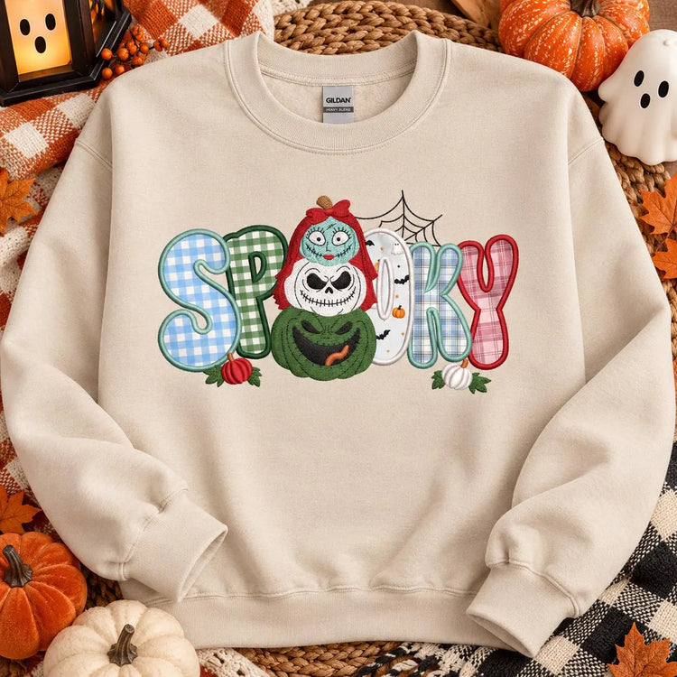 Nightmare Before Christmas inspired Halloween Appliqué Sweatshirt Spooky Embroidered Crewneck Gingham Patchwork Fall