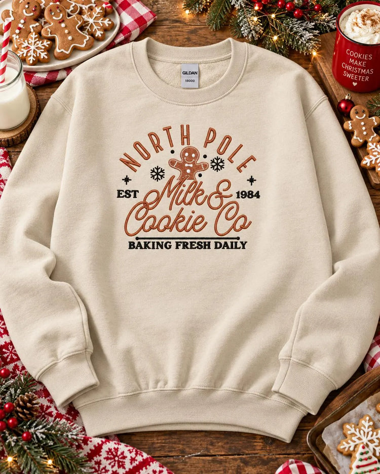 Embroidered North Pole Bakery Sweatshirt: Gingerbread, Snowflakes