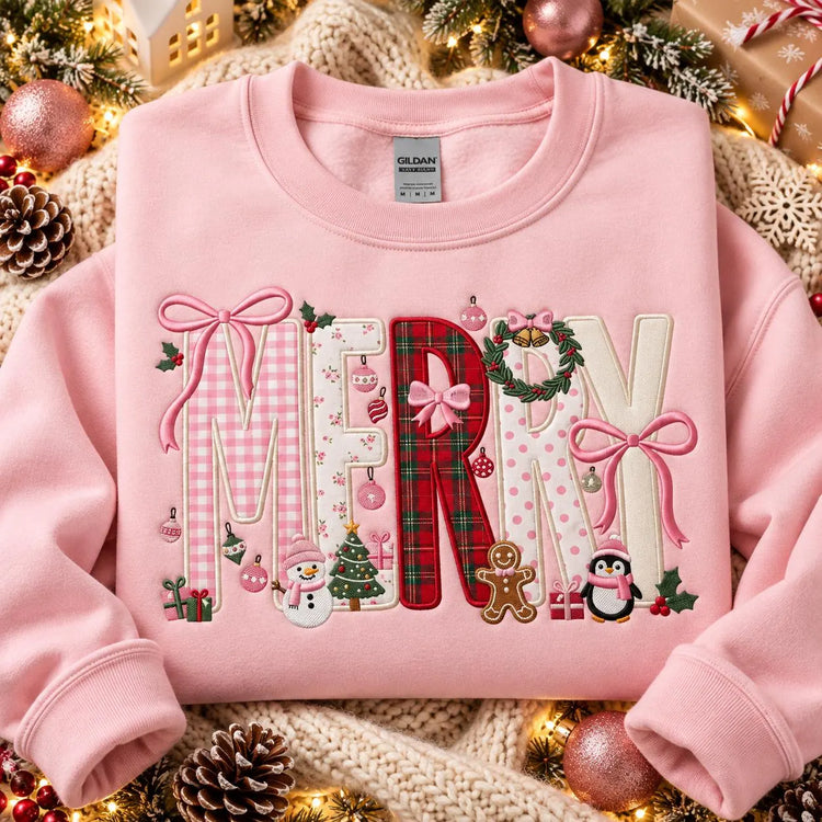 Personalized Pink Christmas Sweatshirt Merry Applique Embroidered Crewneck Girly Coquette