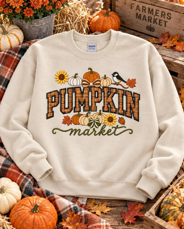 Pumpkin Market Sweatshirt Appliqué Fall Crewneck Cozy Autumn Pullover