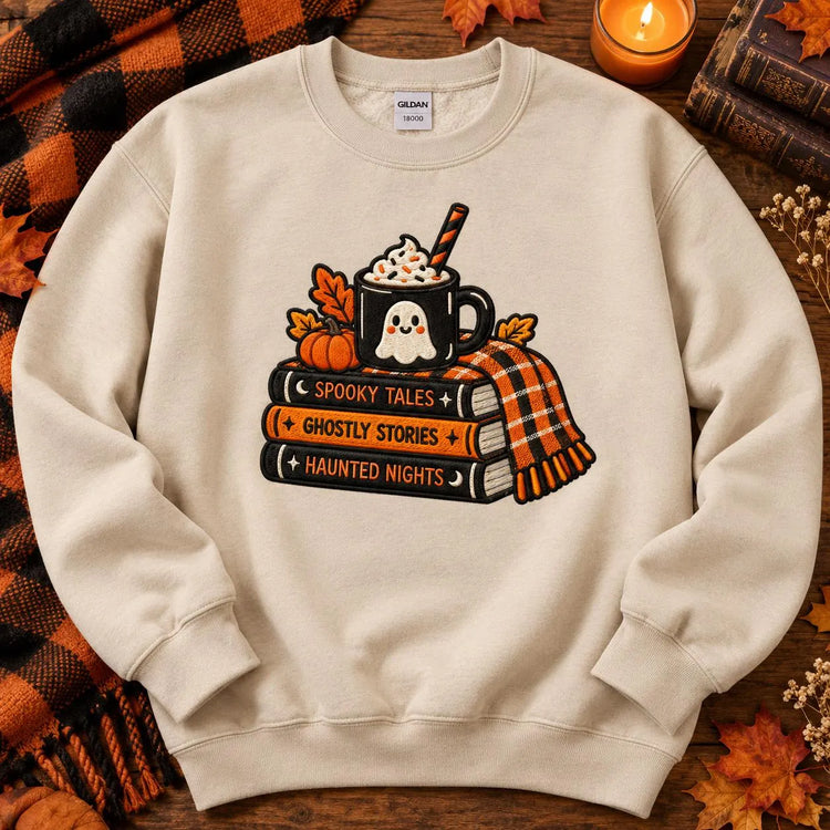 Spooky Bookish Sweatshirt Embroidered Halloween Crewneck Ghost Reading Pullover Cozy Fall Book Lover Gift
