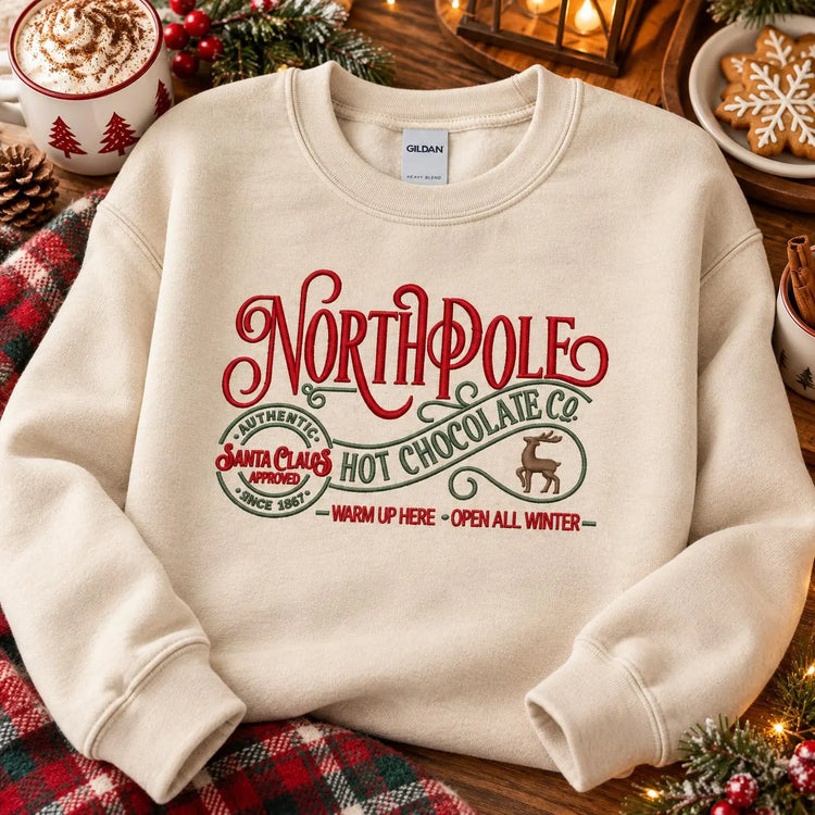 Christmas Hot Chocolate Sweatshirt Embroidered North Pole Crewneck Cozy Holiday Pullover