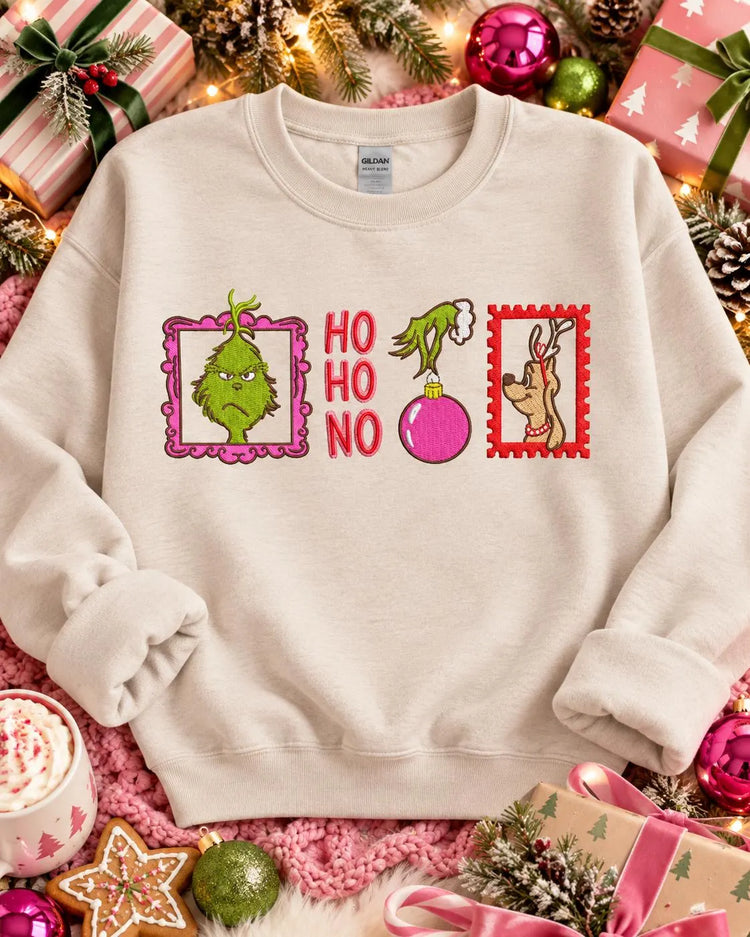 Grinch Christmas Sweatshirt Embroidered Ho Ho No Crewneck Funny Holiday Pullover