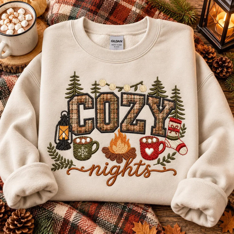 Cozy Nights Sweatshirt Embroidered Applique Campfire Crewneck Cabin Winter Pullover