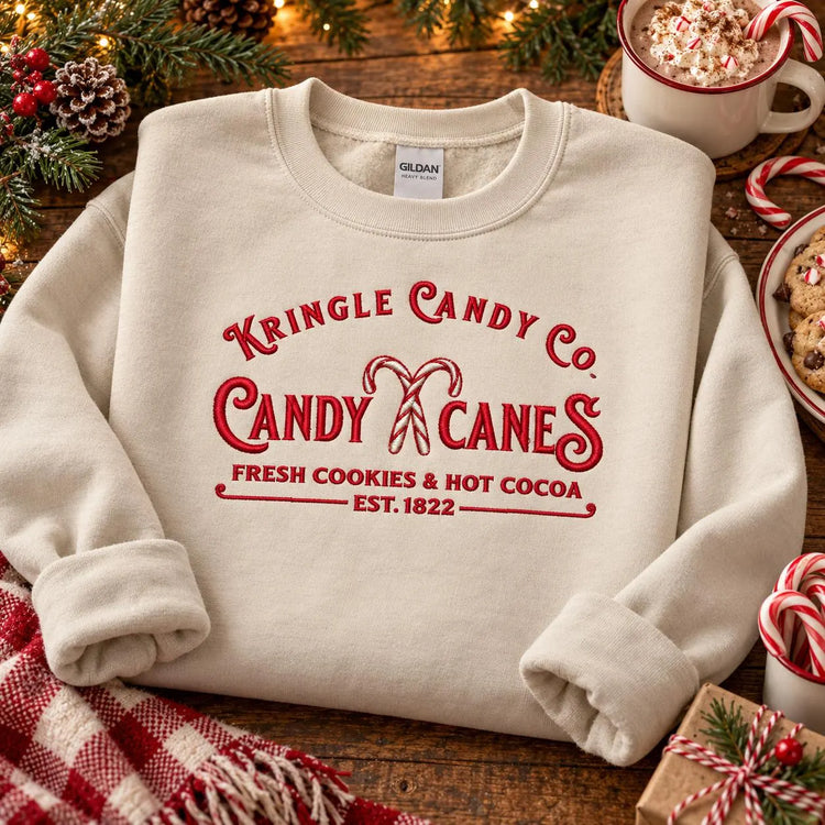 Candy Cane Christmas Sweatshirt Embroidered Holiday Crewneck Kringle Candy Shop Pullover