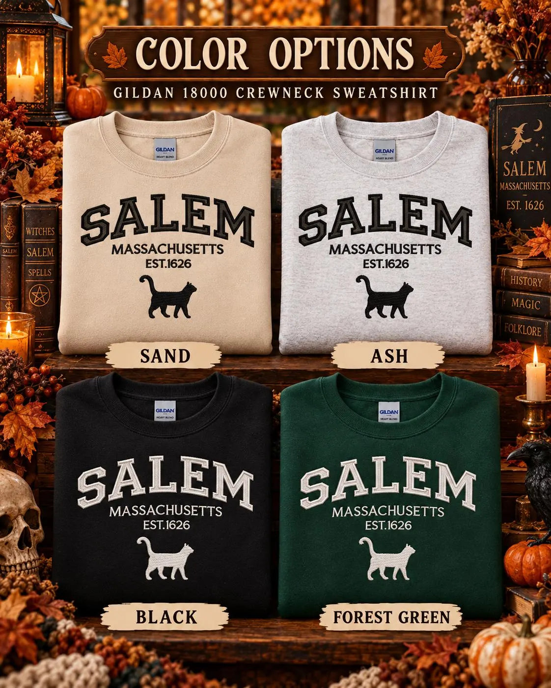 Salem Massachusetts Sweatshirt Embroidered Black Cat Crewneck Witchy New England Fall Pullover