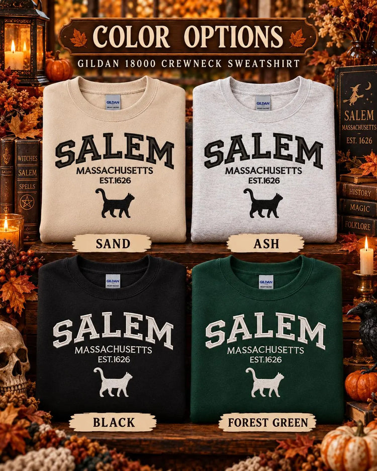 Salem Massachusetts Sweatshirt Embroidered Black Cat Crewneck Witchy New England Fall Pullover