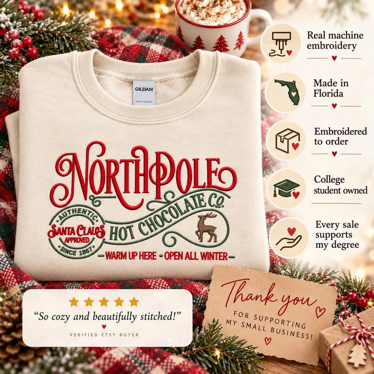 Christmas Hot Chocolate Sweatshirt Embroidered North Pole Crewneck Cozy Holiday Pullover