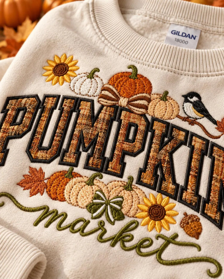 Pumpkin Market Sweatshirt Appliqué Fall Crewneck Cozy Autumn Pullover