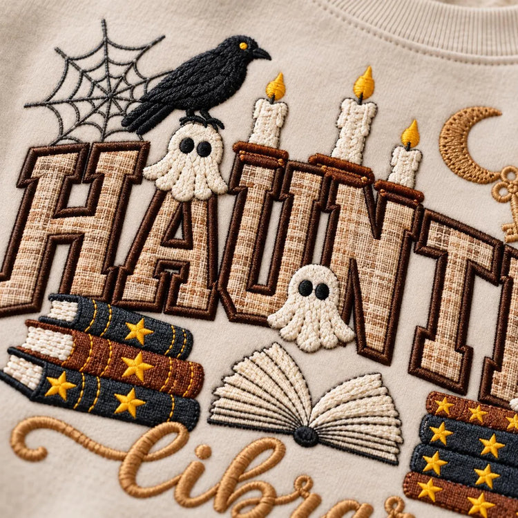 Haunted Library Sweatshirt Appliqué Bookish Halloween Crewneck Spooky Reader Gift