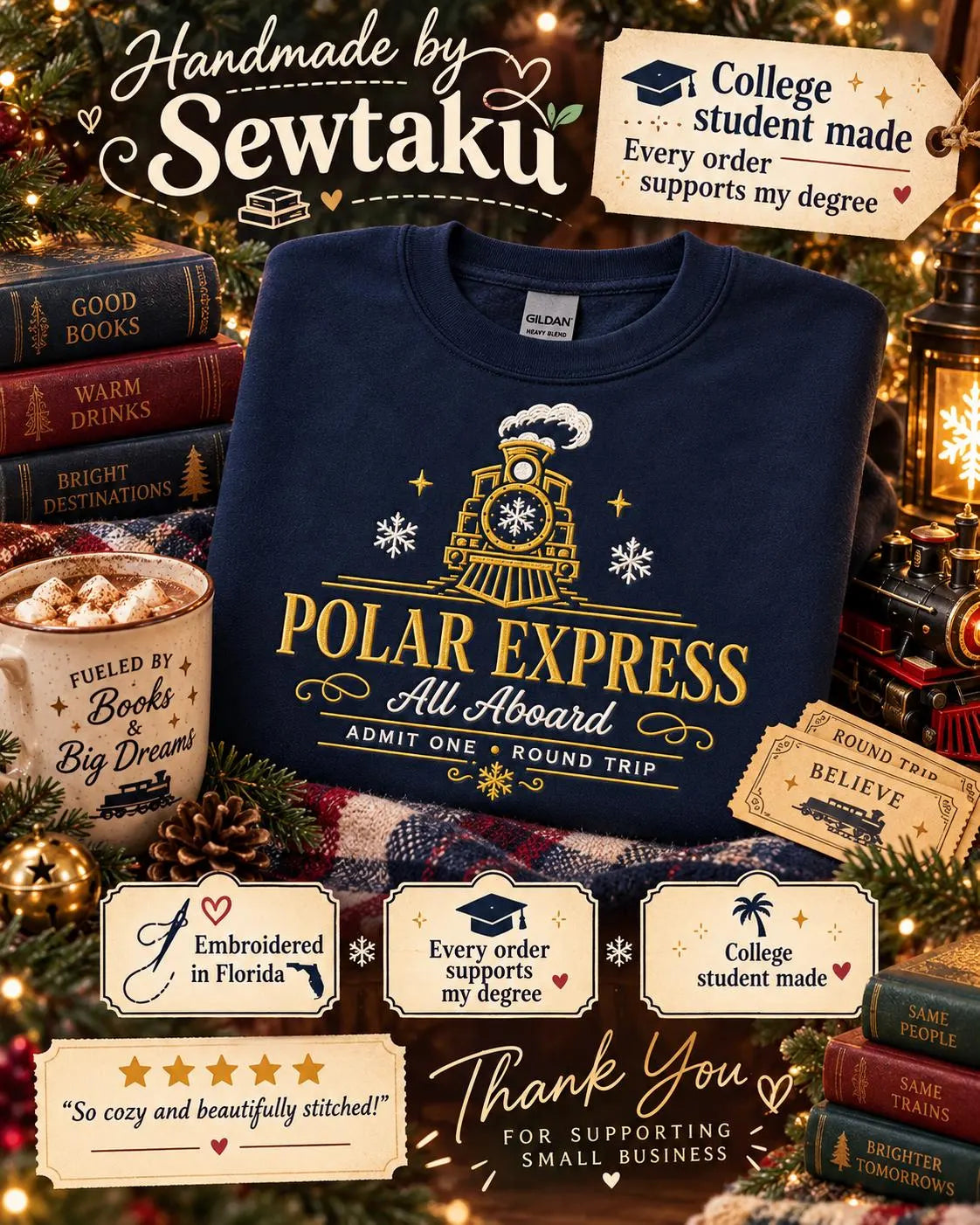 Polar Express Sweatshirt Embroidered Christmas Train Crewneck Cozy Holiday Pullover Gift