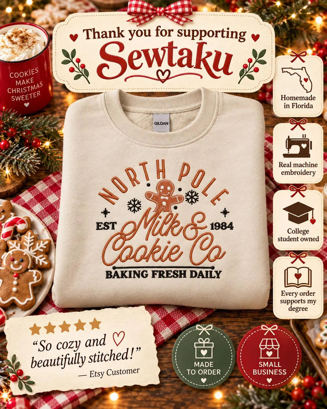 Embroidered North Pole Bakery Sweatshirt: Gingerbread, Snowflakes